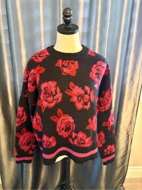 Joseph A Black Crewneck Sweater with Pink & Red Floral Jacquard Size Large